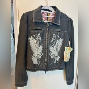Aratta Black Denim Jacket with White Embroidery